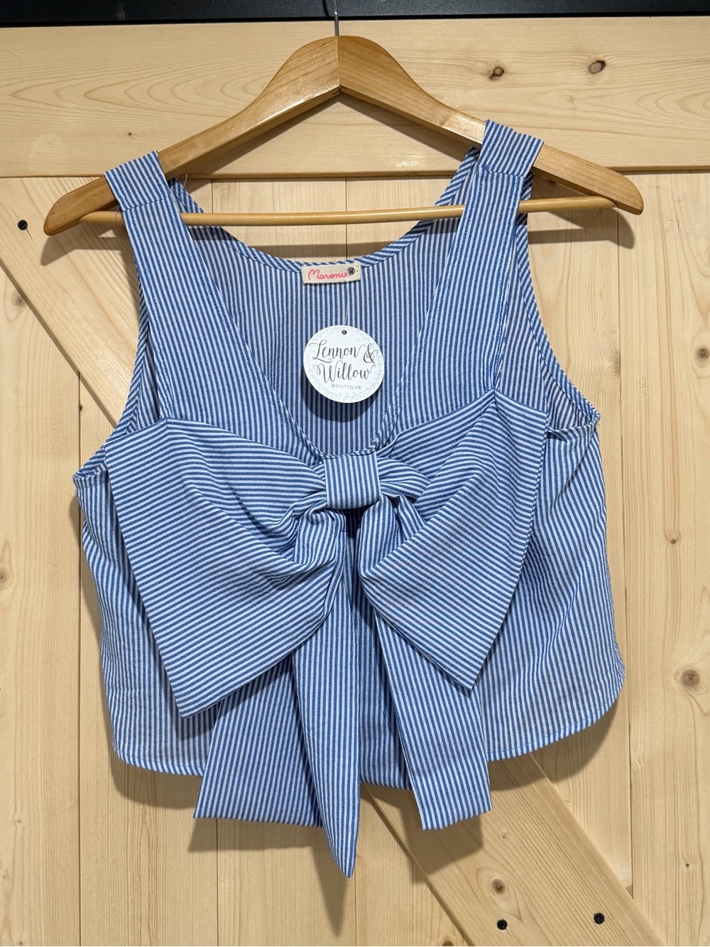 NWT Maronie Blue Stripe Bow Front Crop Top, size medium